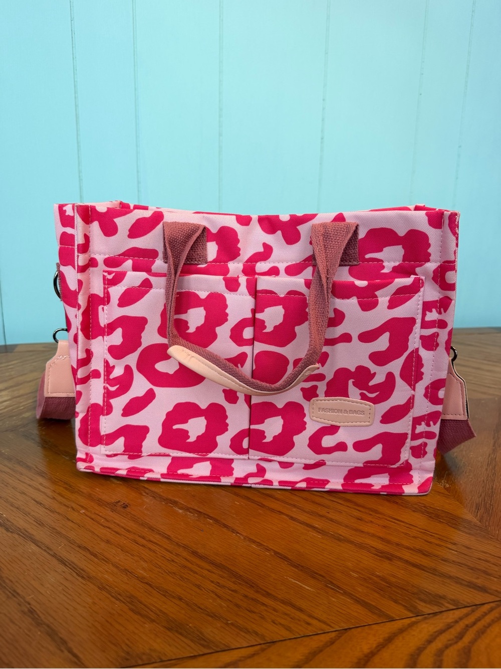 Pink Leopard Print Tote with Contrast Handles